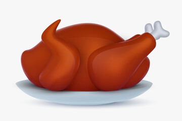 Roast turkey on dish in 3d cartoon style. Grilled food isolated on white background. Vector illustration.