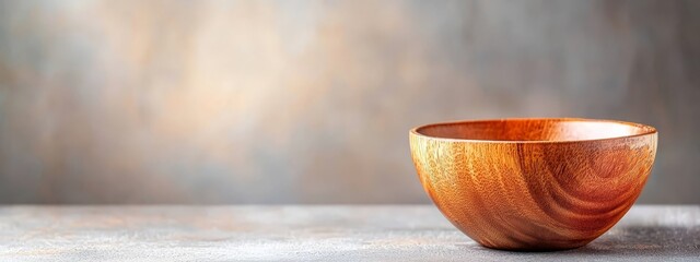 Wall Mural -  A tight shot of a wooden bowl on a table, with a hazy wall in the background