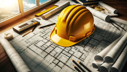 Yellow hard hat on architectural blueprints, symbolizing construction planning and safety