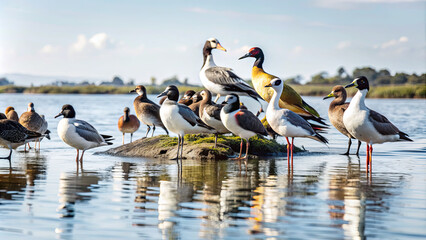 Various species of birds congregate on a rock in the calm waters of a lake, surrounded by lush greenery under a clear blue sky filled with fluffy clouds