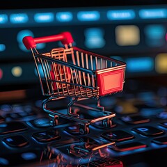 A digital shopping cart on a keyboard symbolizes the growth of e-commerce and online shopping trends in modern retail.