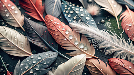 Poster - A collection of vibrant feathers in various shades is displayed, each glistening with tiny water droplets, creating a tranquil and artistic arrangement