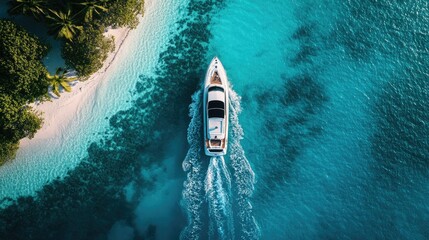 The view from above of a motorboat on the ocean, the water a stunning blue, with a tropical island just ahead.