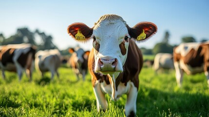 Wall Mural - Close-Up of a Brown and White Cow Grazing in a Lush Green Field on a Sunny Day