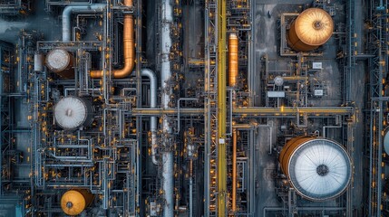 Aerial View of Industrial Plant with Complex Network of Pipes and Storage Tanks