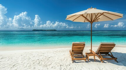 Wall Mural - Tropical Beach with Wooden Lounge Chairs and Umbrella Overlooking Crystal Clear Ocean