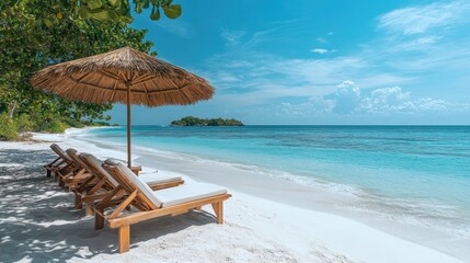 Wall Mural - Tropical Beach with Lounge Chairs and Umbrella Overlooking Clear Blue Ocean on a Sunny Day