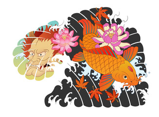 Wall Mural - Hanya, carp, Japanese irezumi style tattoo design, chest short sleeve. color work, koi fish  건대타투 타투달 잉어, 한야 문신도안, 타투도안 