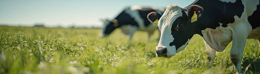 Wall Mural - Close-Up of Dairy Cows Grazing in a Lush Green Pasture on a Sunny Day