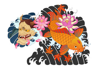 Wall Mural - Hanya, carp, Japanese irezumi style tattoo design, chest short sleeve. color work, koi fish  건대타투 타투달 잉어, 한야 문신도안, 타투도안 