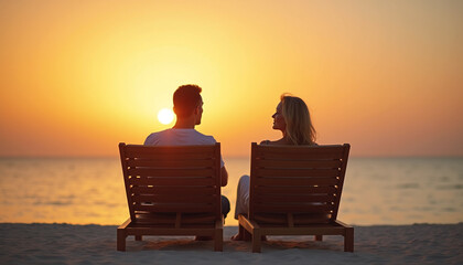 Wall Mural - beach holidays for couple in luxury hotel, relaxing in chair near beach at sunset, banner background with copyspace