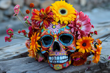 Wall Mural - Beautiful greeting card with bright holiday composition for happy to joy celebrate dia de muertos