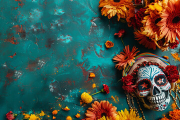 Wall Mural - Beautiful greeting card with bright holiday composition for happy to joy celebrate dia de muertos