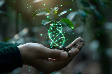 A hand holds a small plant with a glowing digital DNA symbol, representing biotechnology, genetic engineering, and sustainable innovation