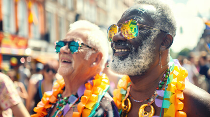 A couple of happy stylish old gays on parade. Two men of different skin colors wearing sunglasses smile and rejoice at the LGBT parade. The scene is lively and cheerful