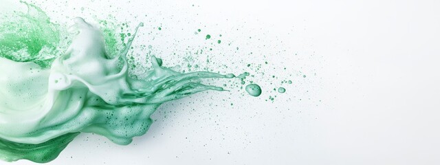 Poster -  A white cup overflows with a green-hued liquid onto a pristine white table Nearby, a white wall remains untouched