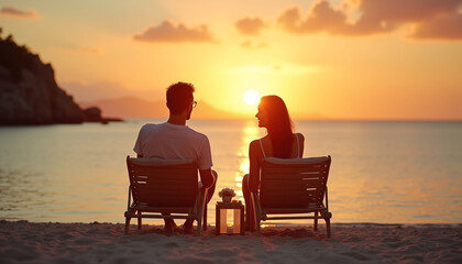 beach holidays for couple in luxury hotel, relaxing in chair near beach at sunset, banner background with copyspace