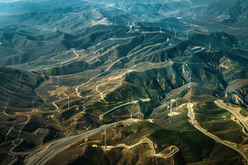 Wall Mural - Generative ai on theme of wind power farm with rotation propellers, does not pollute environment