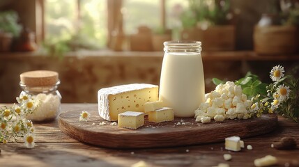 Wall Mural - Rustic Dairy Products on Wooden Table with Fresh Flowers and Sunlight in Cozy Kitchen Setting