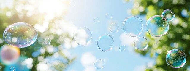 Wall Mural -  A plethora of soap bubbles drifting in the air against a backdrop of azure sky and verdant trees