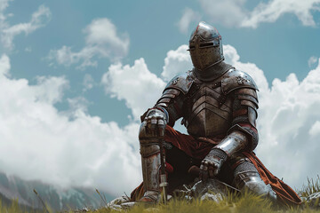 Wall Mural - A fantastic royal knight in armor guards the castle chambers