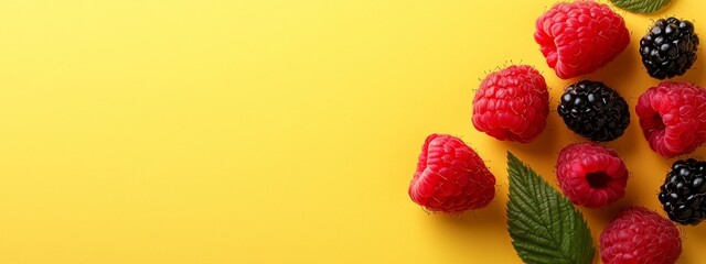 Poster -  Raspberries, blackberries, and raspberry leaves on a yellow background with green foliage