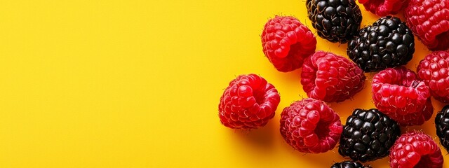 Poster -  A yellow background featuring a cluster of raspberries, with blackberries positioned in the center, encircled by more raspberries