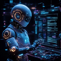 A futuristic robot working on a computer with glowing blue and purple digital code.