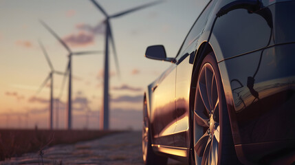 An electric car charging next to a wind farm.