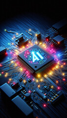 Poster - AI word on microchip and colorful light spread with strong beam