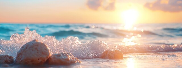 Poster -  The sun sets over the ocean, with rocks jutting out in the foreground and water splashing against them