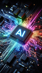 Poster - AI word on microchip and colorful light spread with strong beam