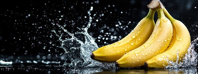 Poster -  A table holds a glass of water with a splash, beside it, bananas are arranged