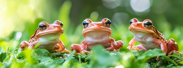  A trio of frogs sits atop a lush, green grass field Adjacent, they perch on another covering of verdant, leafy vegetation