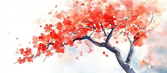 Poster - Watercolor illustration of a red sakura tree in spring featuring vibrant petals and delicate blossoms