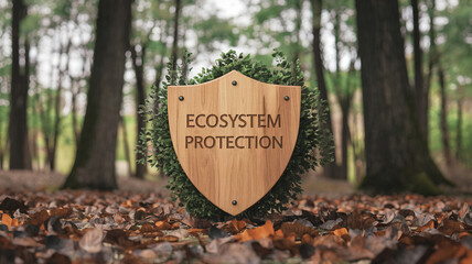 Wall Mural - wooden shield with 'ecosystem protection' in a forest, symbolizing conservation and sustainability e
