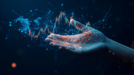 Poster - Abstract digital human hands cradling a 3D stock market candlestick graph chart. This illustration symbolizes investment support or financial literacy, rendered in a low polygonal style on a dark blue