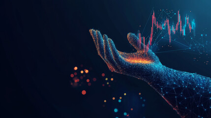 Poster - Abstract digital human hands cradling a 3D stock market candlestick graph chart. This illustration symbolizes investment support or financial literacy, rendered in a low polygonal style on a dark blue