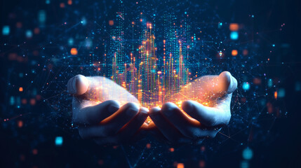 Poster - Abstract digital human hands cradling a 3D stock market candlestick graph chart. This illustration symbolizes investment support or financial literacy, rendered in a low polygonal style on a dark blue