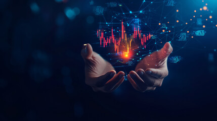 Poster - Abstract digital human hands cradling a 3D stock market candlestick graph chart. This illustration symbolizes investment support or financial literacy, rendered in a low polygonal style on a dark blue