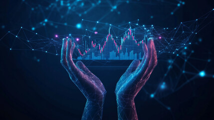 Poster - Abstract digital human hands cradling a 3D stock market candlestick graph chart. This illustration symbolizes investment support or financial literacy, rendered in a low polygonal style on a dark blue