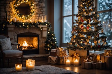 Interior Christmas. magic glowing tree, fireplace, gifts in dark 