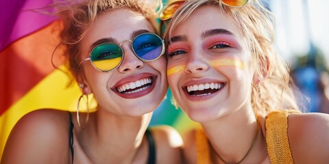 Wall Mural - Two women wearing sunglasses and smiling for the camera. One of them is holding a rainbow flag. Scene is happy and fun