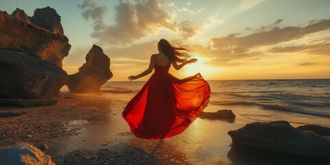 A woman in a red dress is dancing on the beach at sunset. The scene is serene and peaceful, with the woman's movements and the setting sun creating a sense of freedom and joy