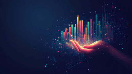 Poster - Abstract digital human hands cradling a 3D stock market candlestick graph chart. This illustration symbolizes investment support or financial literacy, rendered in a low polygonal style on a dark blue