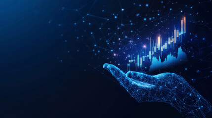 Poster - Abstract digital human hands cradling a 3D stock market candlestick graph chart. This illustration symbolizes investment support or financial literacy, rendered in a low polygonal style on a dark blue