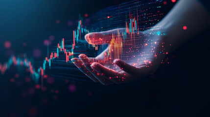 Poster - Abstract digital human hands cradling a 3D stock market candlestick graph chart. This illustration symbolizes investment support or financial literacy, rendered in a low polygonal style on a dark blue