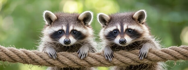 Wall Mural -  Two raccoons face the camera, seriously studying it from atop a taut rope