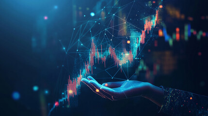 Poster - Abstract digital human hands cradling a 3D stock market candlestick graph chart. This illustration symbolizes investment support or financial literacy, rendered in a low polygonal style on a dark blue
