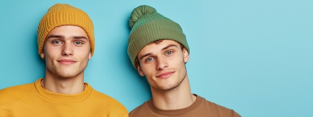 Wall Mural -  Two men, wearing beanies, stand before a blue wall